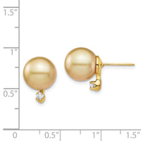 14K 9-10mm Golden Saltwater Cultured South Sea Pearl .10ct Dia Earrings-XF747E