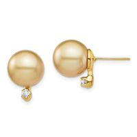 14K 9-10mm Golden Saltwater Cultured South Sea Pearl .10ct Dia Earrings-XF747E