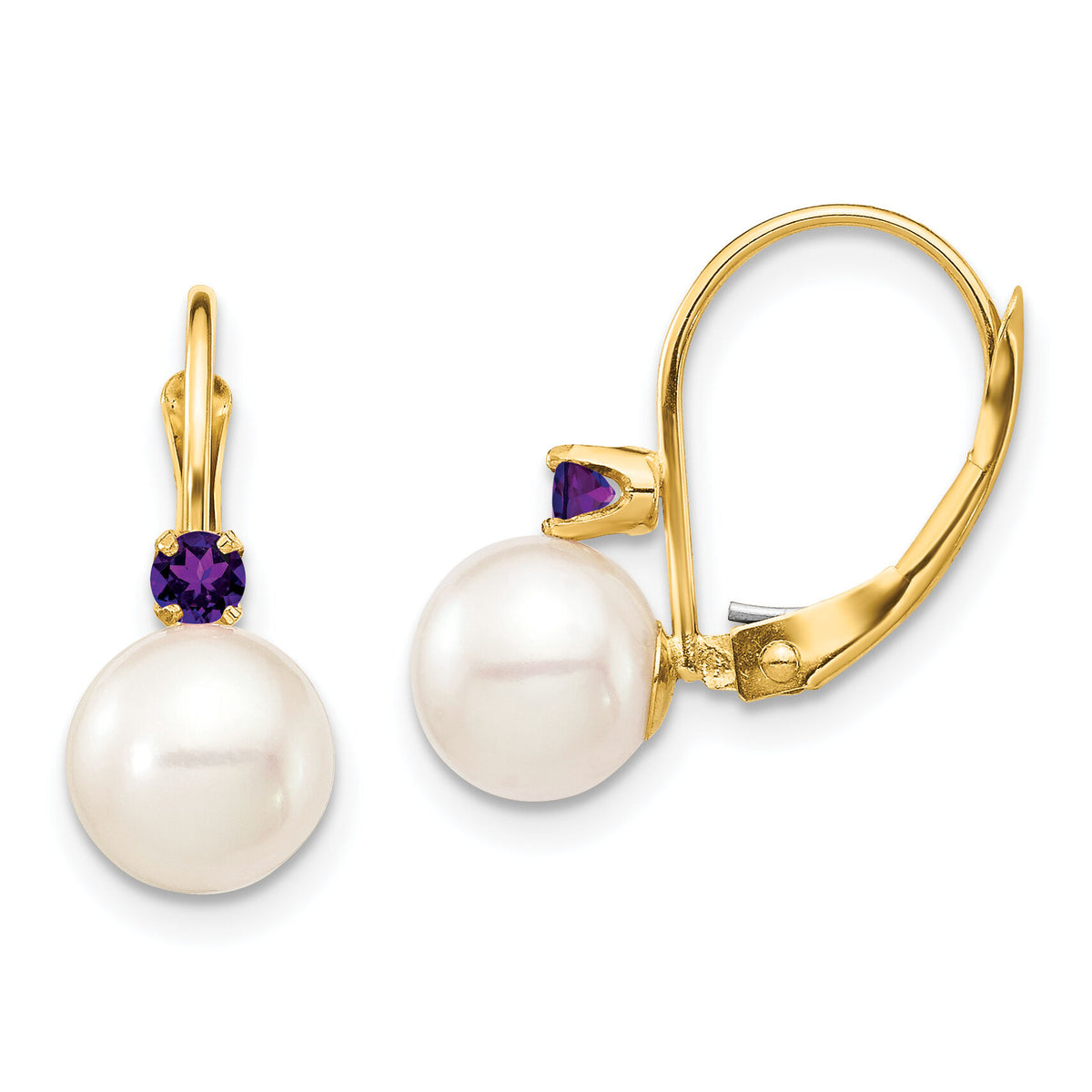 14K 7-7.5mm White Round FWC Pearl Amethyst Leverback Earrings-XF751E/AM