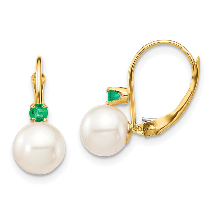 14K 7-7.5mm White Round FWC Pearl Emerald Leverback Earrings-XF751E/E