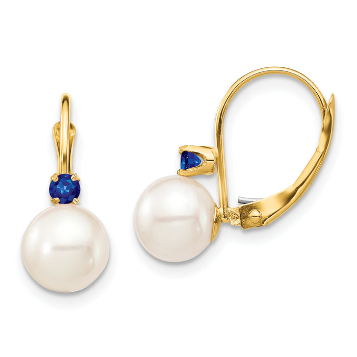 14K 7-7.5mm White Round FWC Pearl Sapphire Leverback Earrings-XF751E/S