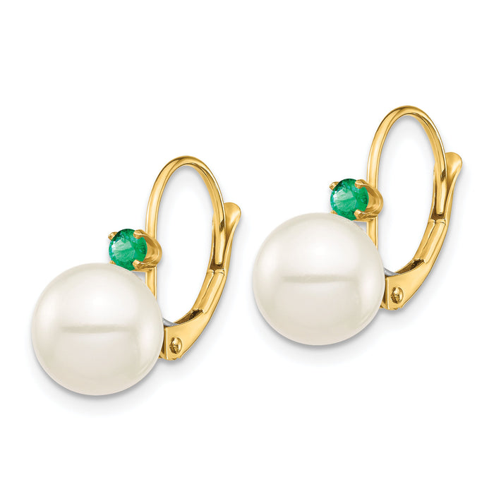 14K 8-8.5mm White Round FWC Pearl Emerald Leverback Earrings-XF752E/E
