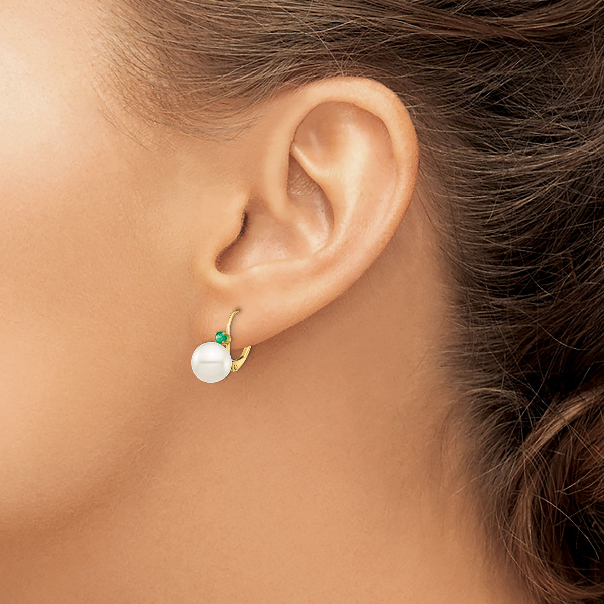14K 8-8.5mm White Round FWC Pearl Emerald Leverback Earrings-XF752E/E
