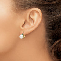 14K 8-8.5mm White Round FWC Pearl Emerald Leverback Earrings-XF752E/E