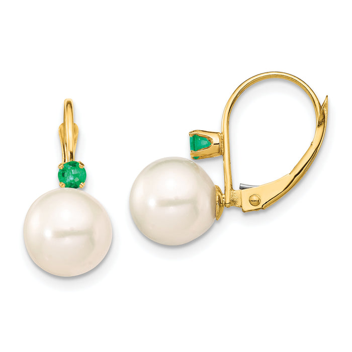 14K 8-8.5mm White Round FWC Pearl Emerald Leverback Earrings-XF752E/E