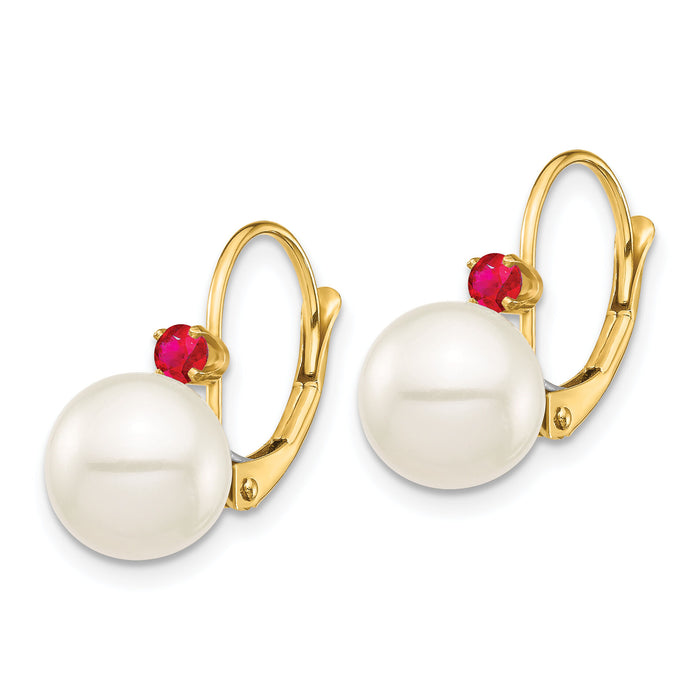 14K 8-8.5mm White Round FWC Pearl Ruby Leverback Earrings-XF752E/R