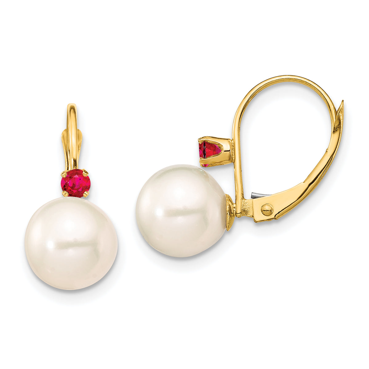 14K 8-8.5mm White Round FWC Pearl Ruby Leverback Earrings-XF752E/R