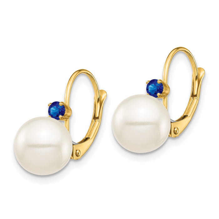 14K 8-8.5mm White Round FWC Pearl Sapphire Leverback Earrings-XF752E/S