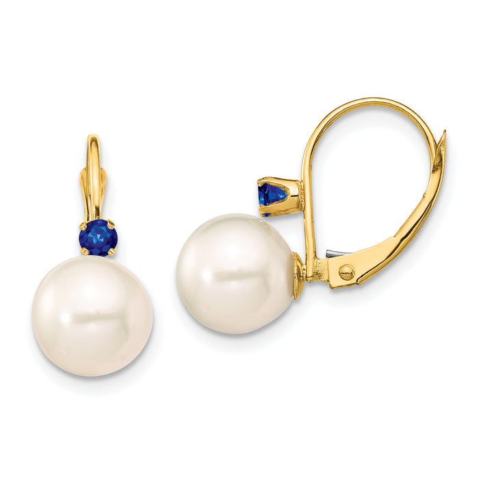 14K 8-8.5mm White Round FWC Pearl Sapphire Leverback Earrings-XF752E/S