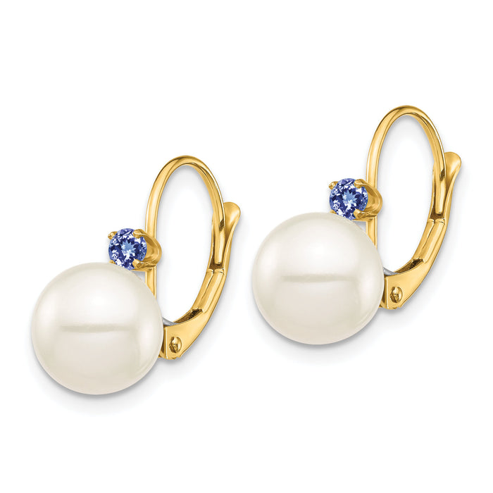 14K 8-8.5mm White Round FWC Pearl Tanzanite Leverback Earrings-XF752E/TZ
