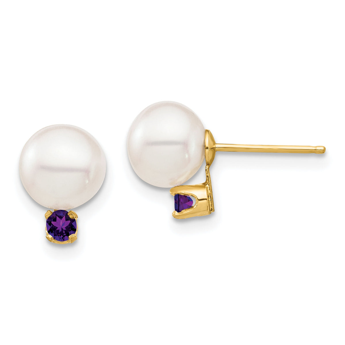 14K 7-7.5mm White Round Freshwater Cultured Pearl Amethyst Post Earrings-XF753E/AM