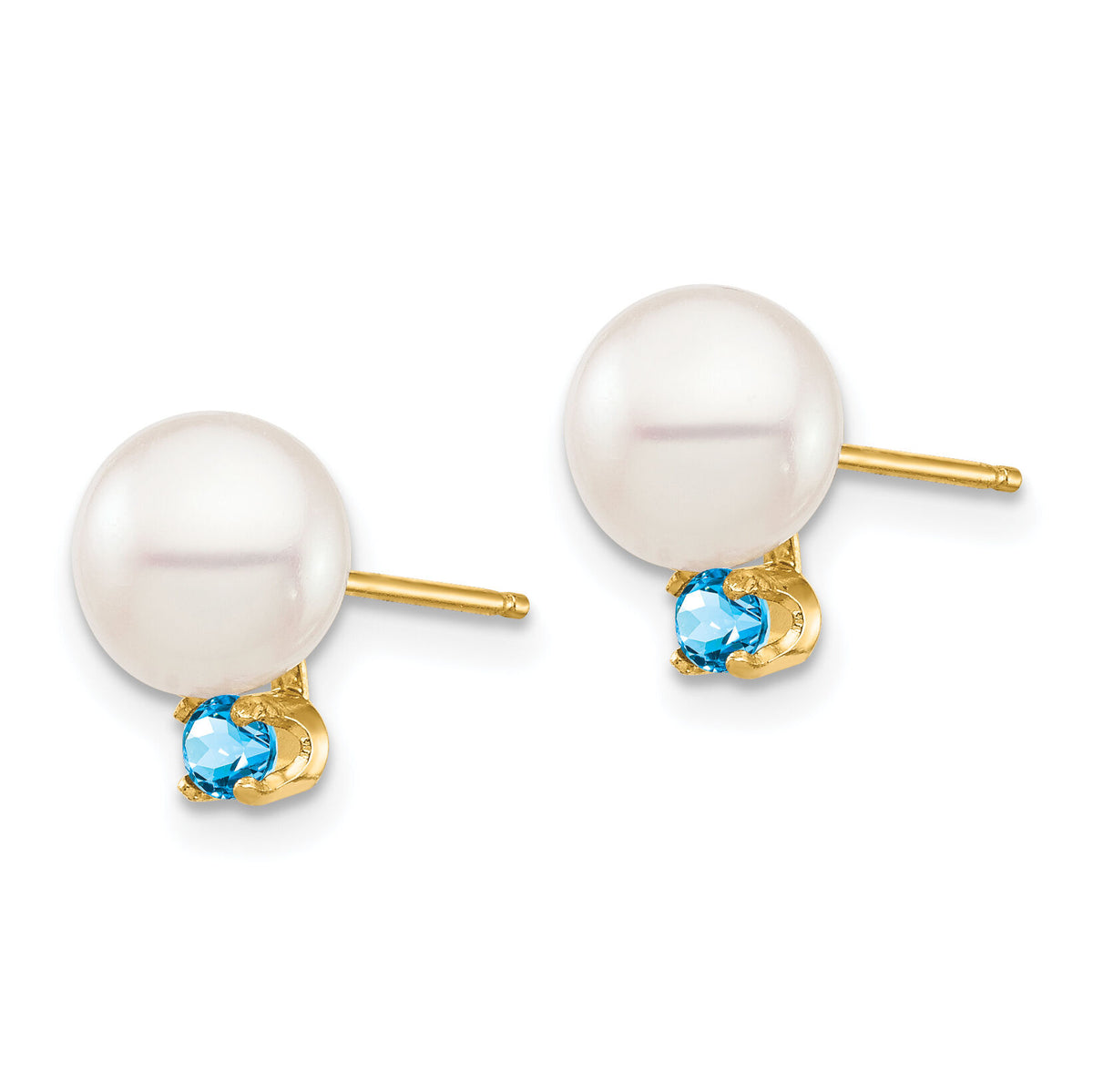 14K 7-7.5mm White Round FW Cultured Pearl Swiss Blue Topaz Post Earrings-XF753E/BT