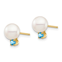 14K 7-7.5mm White Round FW Cultured Pearl Swiss Blue Topaz Post Earrings-XF753E/BT