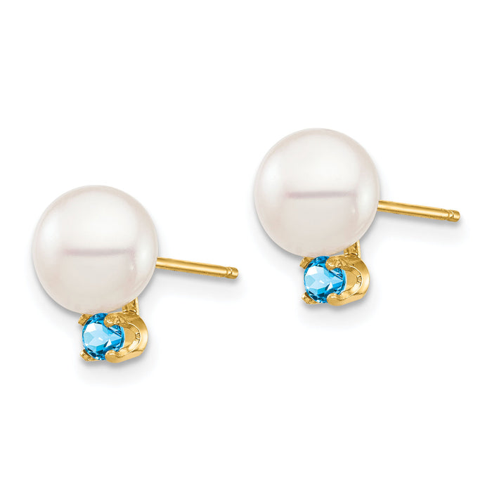14K 7-7.5mm White Round FW Cultured Pearl Swiss Blue Topaz Post Earrings-XF753E/BT
