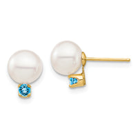 14K 7-7.5mm White Round FW Cultured Pearl Swiss Blue Topaz Post Earrings-XF753E/BT
