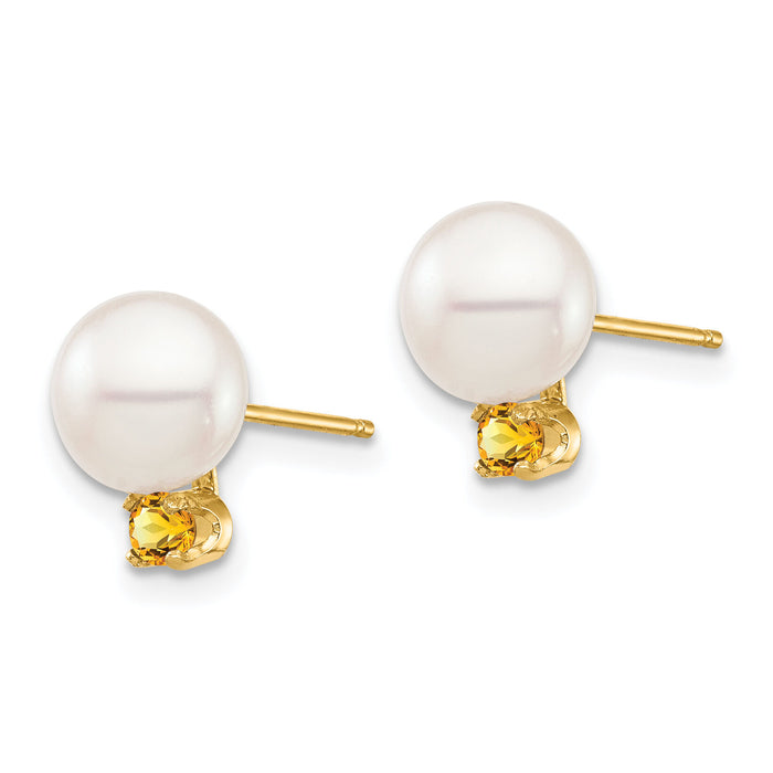14K 7-7.5mm White Round Freshwater Cultured Pearl Citrine Post Earrings-XF753E/CI