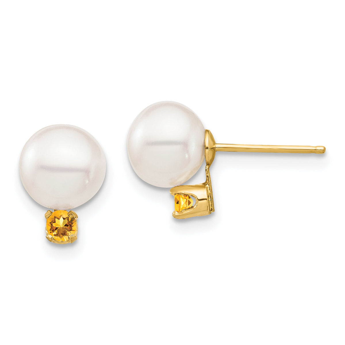 14K 7-7.5mm White Round Freshwater Cultured Pearl Citrine Post Earrings-XF753E/CI