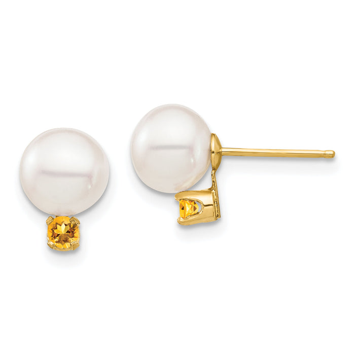 14K 7-7.5mm White Round Freshwater Cultured Pearl Citrine Post Earrings-XF753E/CI