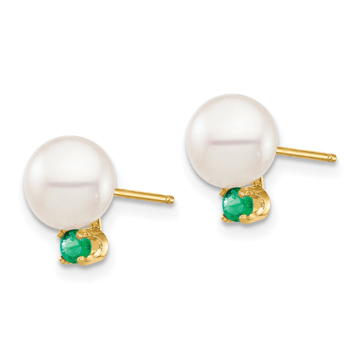 14K 7-7.5mm White Round Freshwater Cultured Pearl Emerald Post Earrings-XF753E/E