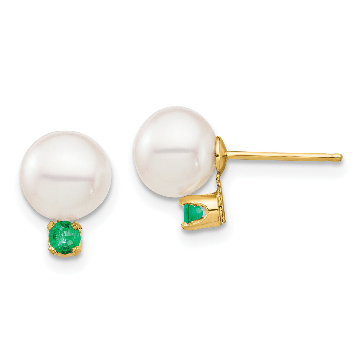 14K 7-7.5mm White Round Freshwater Cultured Pearl Emerald Post Earrings-XF753E/E