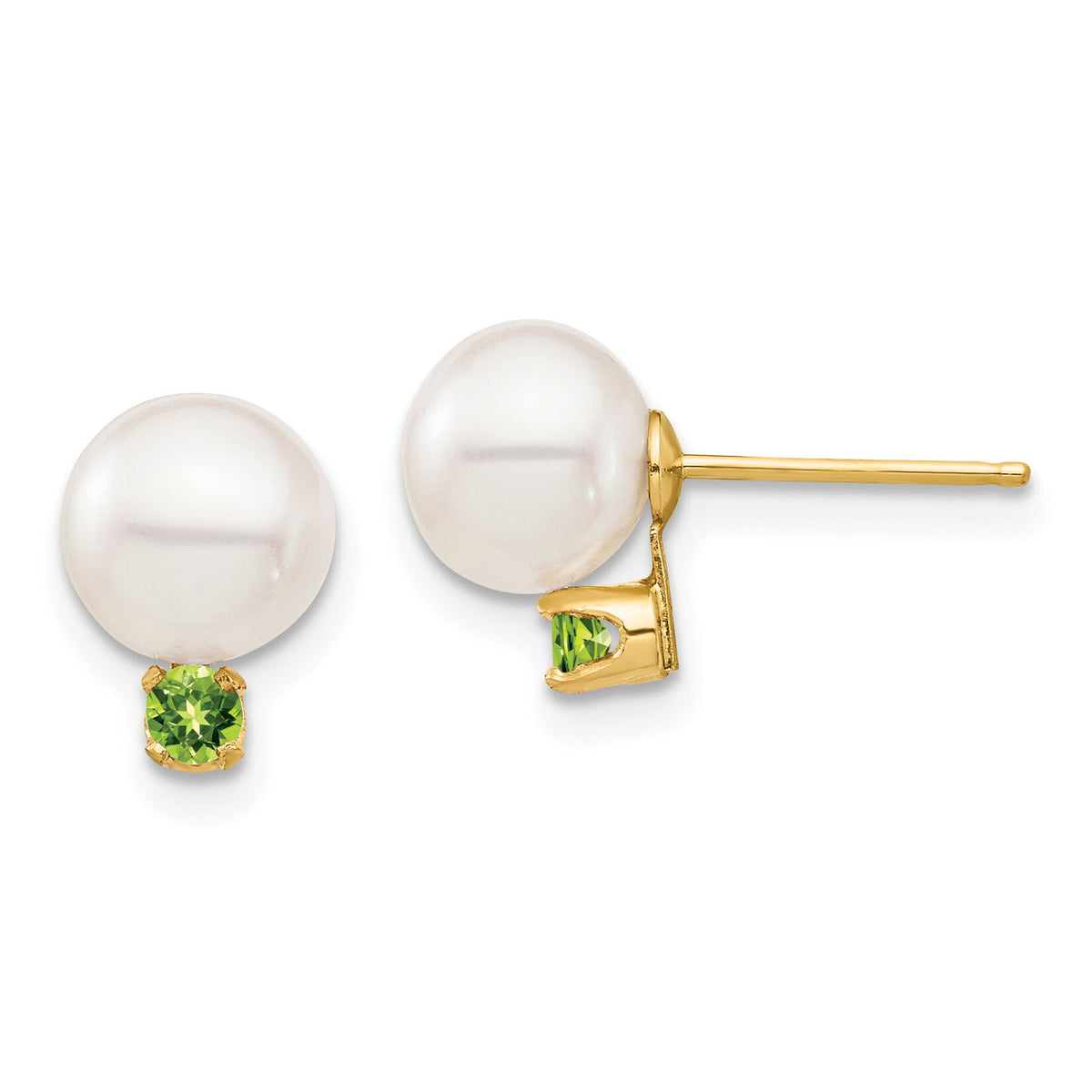 14K 7-7.5mm White Round Freshwater Cultured Pearl Peridot Post Earrings-XF753E/PE