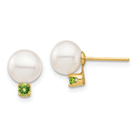 14K 7-7.5mm White Round Freshwater Cultured Pearl Peridot Post Earrings-XF753E/PE
