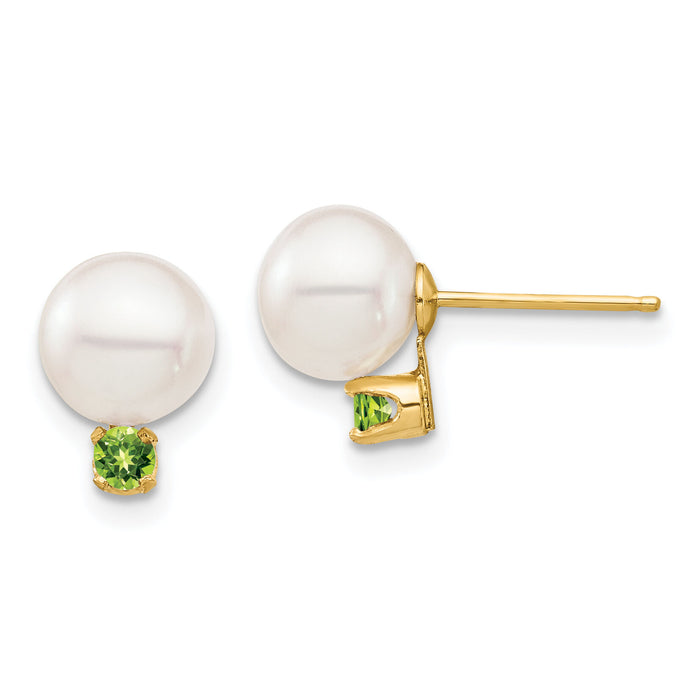 14K 7-7.5mm White Round Freshwater Cultured Pearl Peridot Post Earrings-XF753E/PE