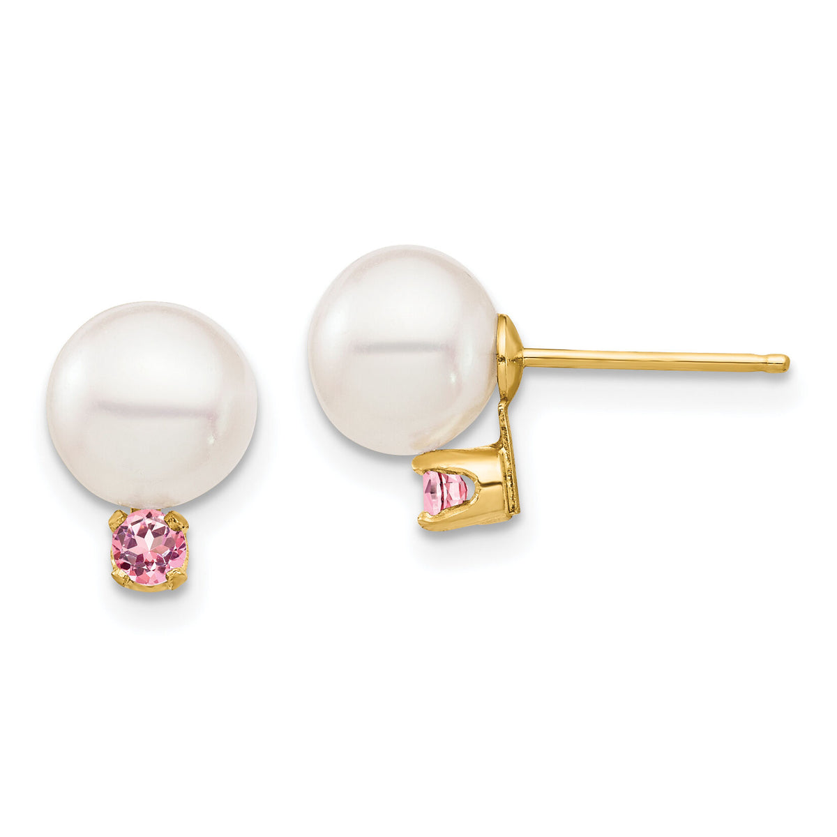14K 7-7.5mm White Round Freshwater Cultured Pearl Pink Topaz Post Earrings-XF753E/PT