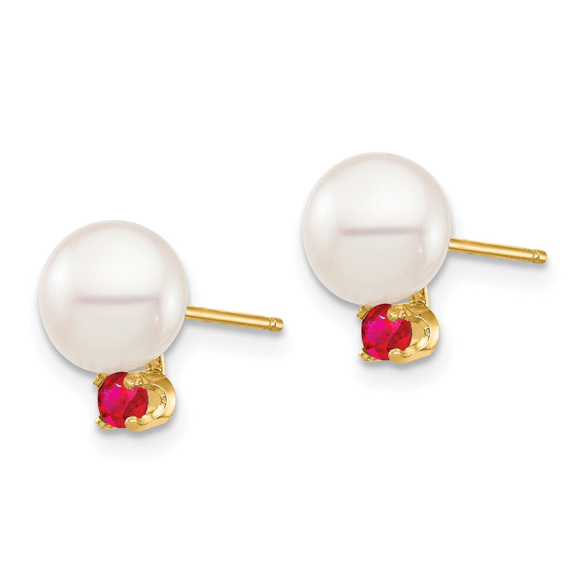 14K 7-7.5mm White Round Freshwater Cultured Pearl Ruby Post Earrings-XF753E/R