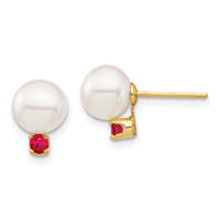 14K 7-7.5mm White Round Freshwater Cultured Pearl Ruby Post Earrings-XF753E/R