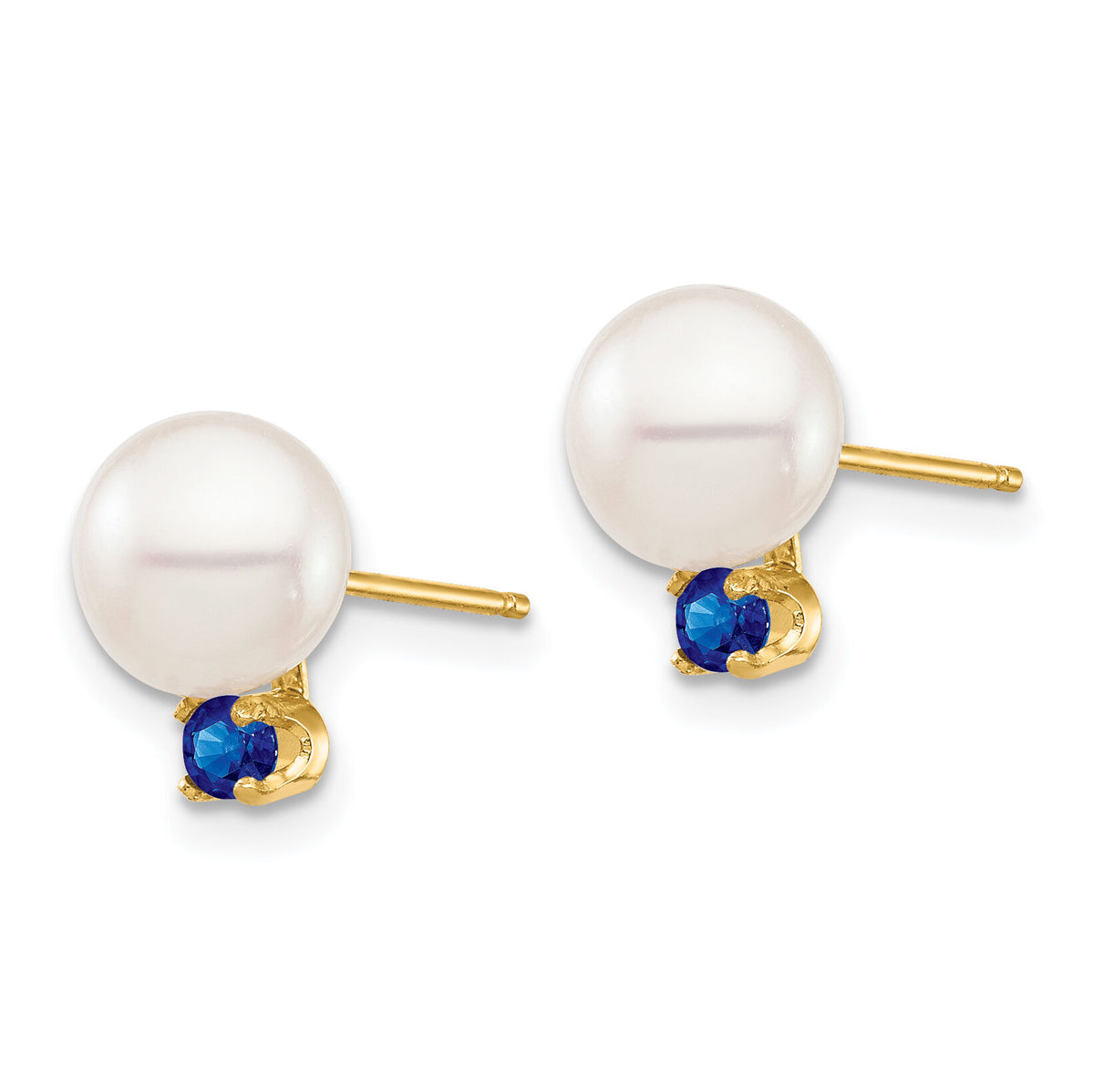 14K 7-7.5mm White Round Freshwater Cultured Pearl Sapphire Post Earrings-XF753E/S