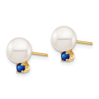 14K 7-7.5mm White Round Freshwater Cultured Pearl Sapphire Post Earrings-XF753E/S
