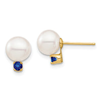 14K 7-7.5mm White Round Freshwater Cultured Pearl Sapphire Post Earrings-XF753E/S