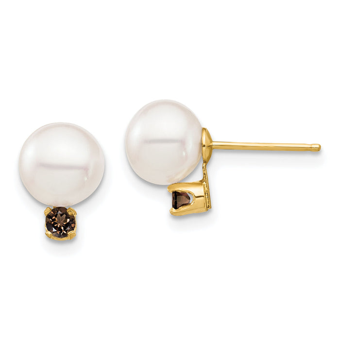 14K 7-7.5mm White Round FW Cultured Pearl Smokey Quartz Post Earrings-XF753E/SQ