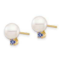 14K 7-7.5mm White Round Freshwater Cultured Pearl Tanzanite Post Earrings-XF753E/TZ