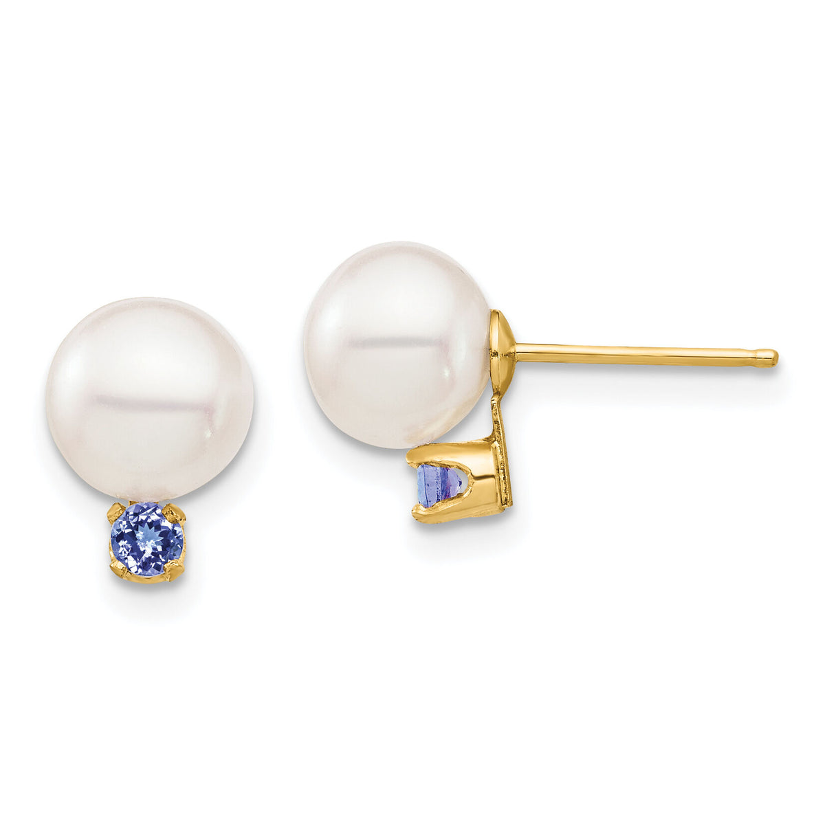 14K 7-7.5mm White Round Freshwater Cultured Pearl Tanzanite Post Earrings-XF753E/TZ