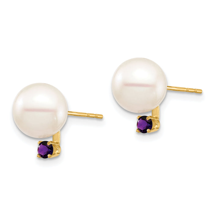 14K 8-8.5mm White Round Freshwater Cultured Pearl Amethyst Post Earrings-XF754E/AM