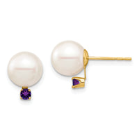14K 8-8.5mm White Round Freshwater Cultured Pearl Amethyst Post Earrings-XF754E/AM