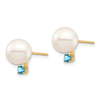 14K 8-8.5mm White Round FW Cultured Pearl Swiss Blue Topaz Post Earrings-XF754E/BT