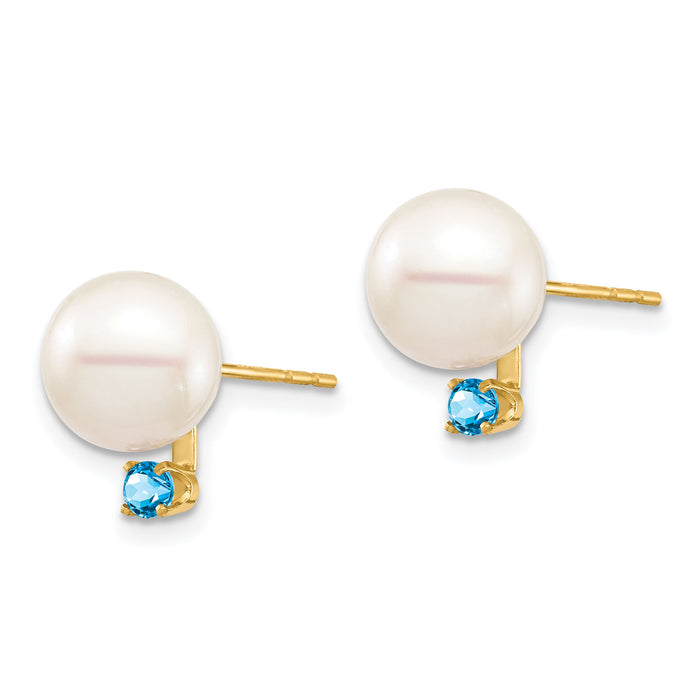 14K 8-8.5mm White Round FW Cultured Pearl Swiss Blue Topaz Post Earrings-XF754E/BT