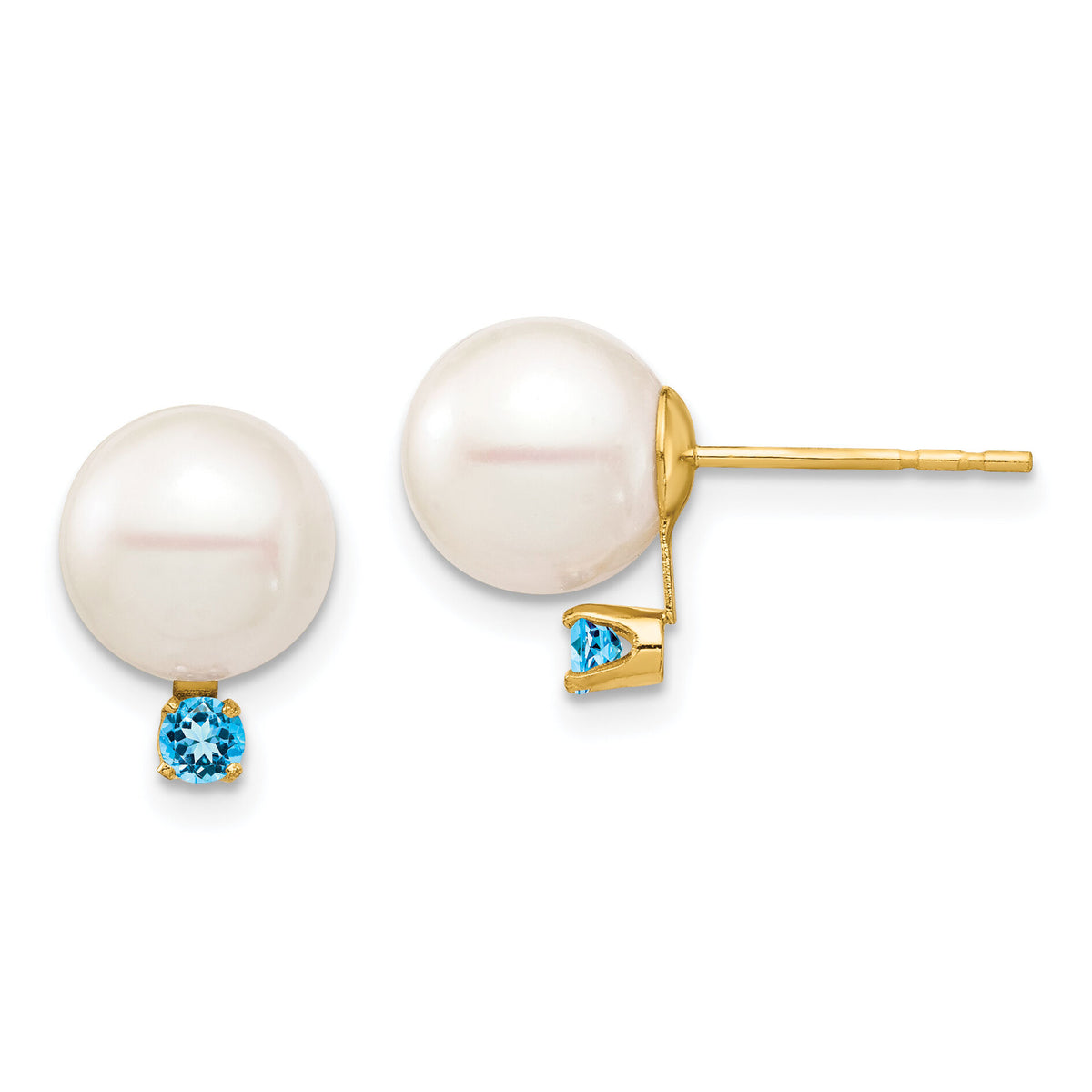 14K 8-8.5mm White Round FW Cultured Pearl Swiss Blue Topaz Post Earrings-XF754E/BT