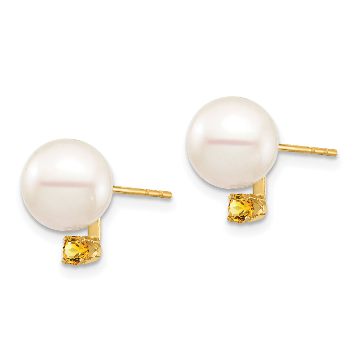 14K 8-8.5mm White Round Freshwater Cultured Pearl Citrine Post Earrings-XF754E/CI