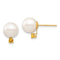 14K 8-8.5mm White Round Freshwater Cultured Pearl Citrine Post Earrings-XF754E/CI
