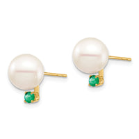 14K 8-8.5mm White Round Freshwater Cultured Pearl Emerald Post Earrings-XF754E/E
