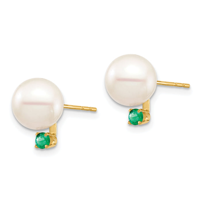 14K 8-8.5mm White Round Freshwater Cultured Pearl Emerald Post Earrings-XF754E/E