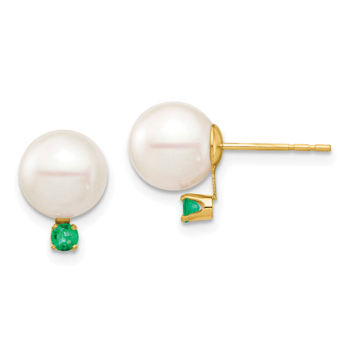 14K 8-8.5mm White Round Freshwater Cultured Pearl Emerald Post Earrings-XF754E/E