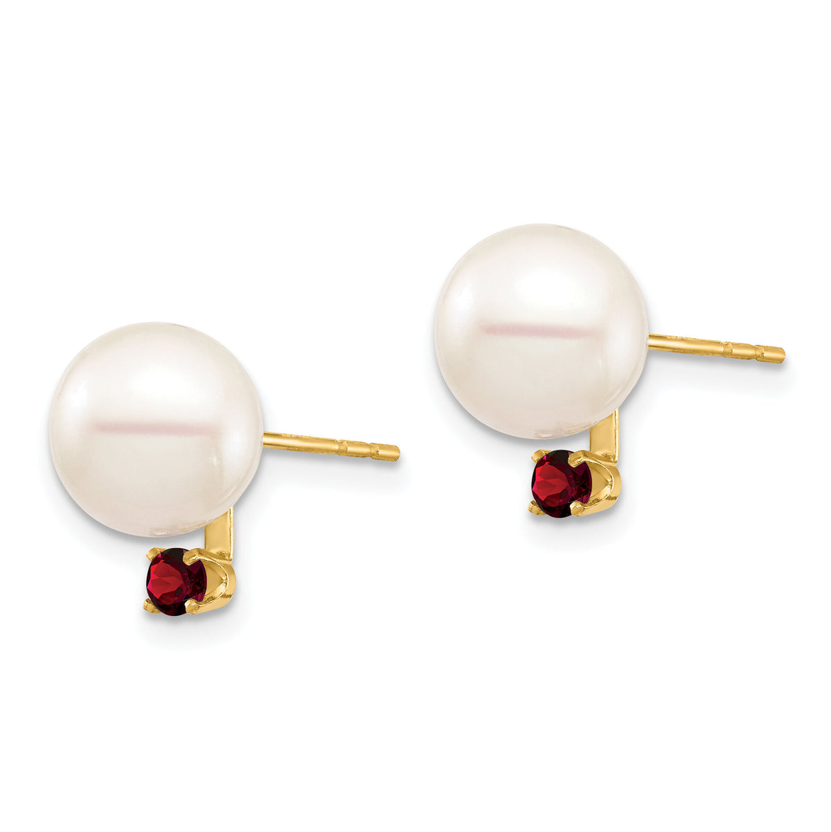 14K 8-8.5mm White Round Freshwater Cultured Pearl Garnet Post Earrings-XF754E/GA