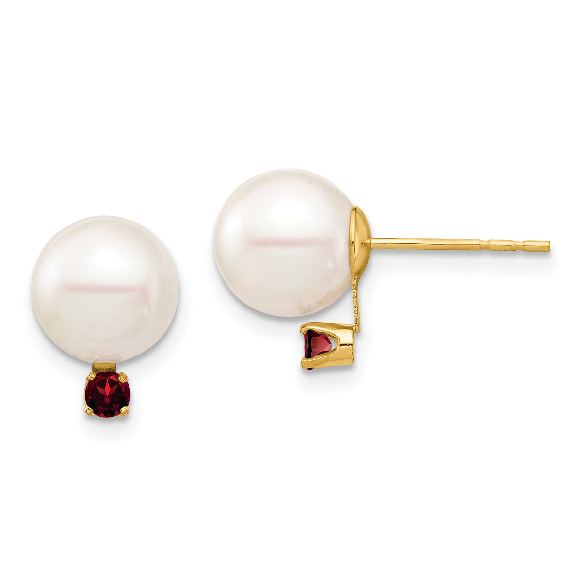 14K 8-8.5mm White Round Freshwater Cultured Pearl Garnet Post Earrings-XF754E/GA