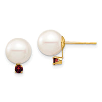 14K 8-8.5mm White Round Freshwater Cultured Pearl Garnet Post Earrings-XF754E/GA