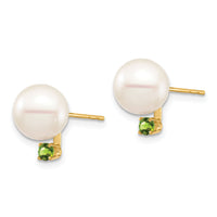 14K 8-8.5mm White Round Freshwater Cultured Pearl Peridot Post Earrings-XF754E/PE